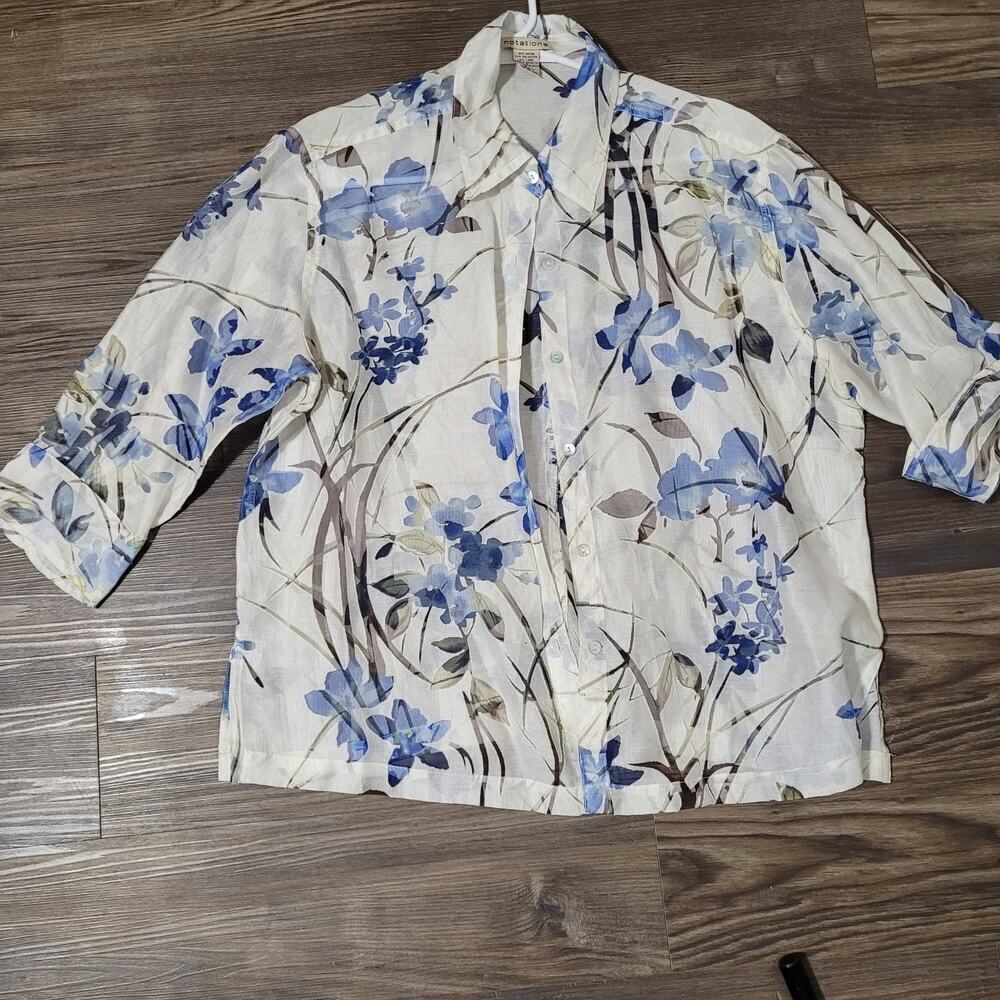 Notations Womens Semi-sheer Floral Blouse Top XL Blue White Linen Blend Resort